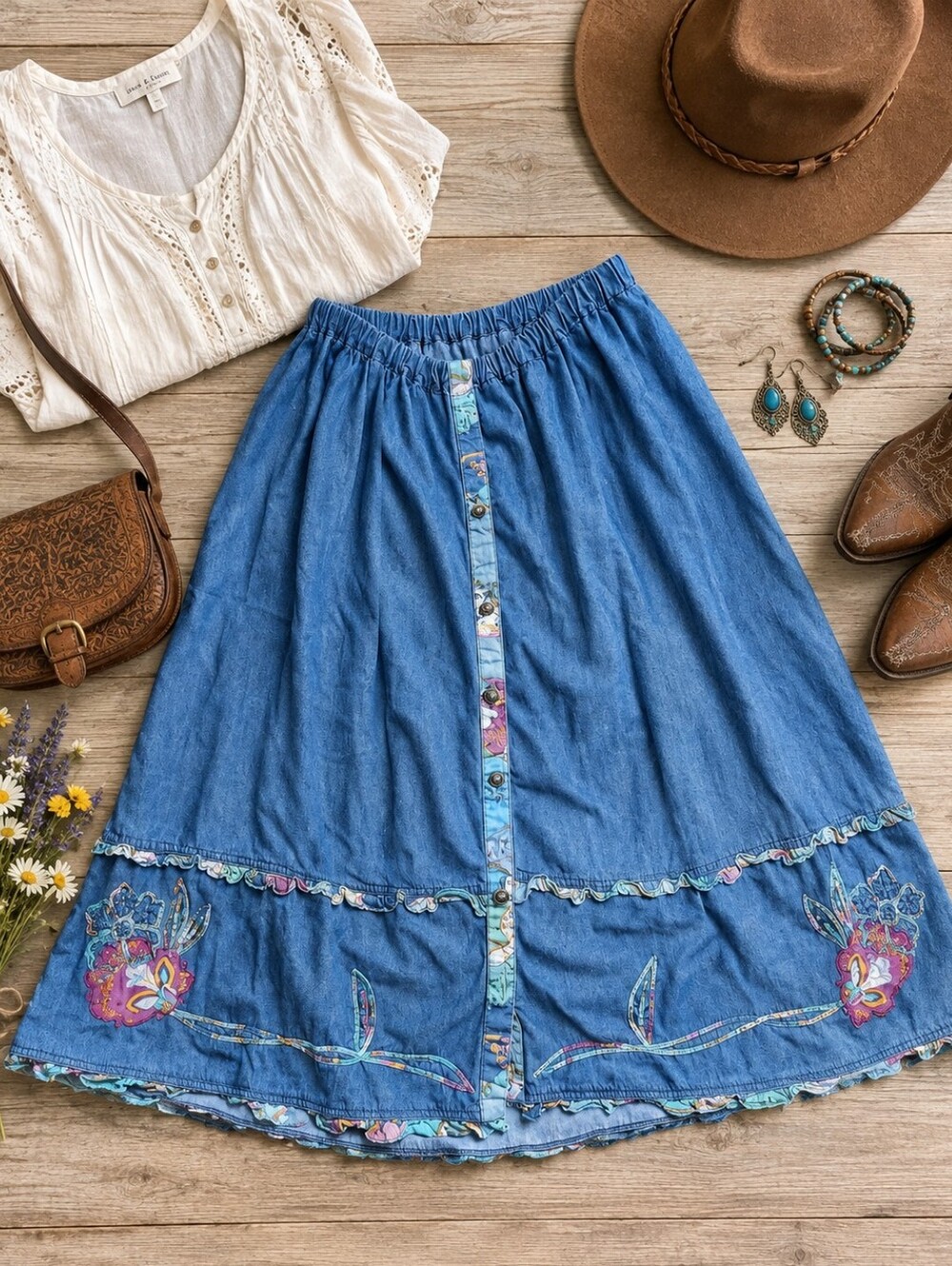 Vintage Handmade Denim Embroidered Boho Midi Skirt Y2K Folk Ruffle